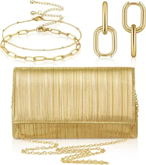 Quelay 3 Pcs Gold Clutch Purse Jewelry Set for Women Evening Prom Purses Pleated Flap Bag Formal Earrings Adjustable Layered Bracelet for Formal Prom Party Wedding Date