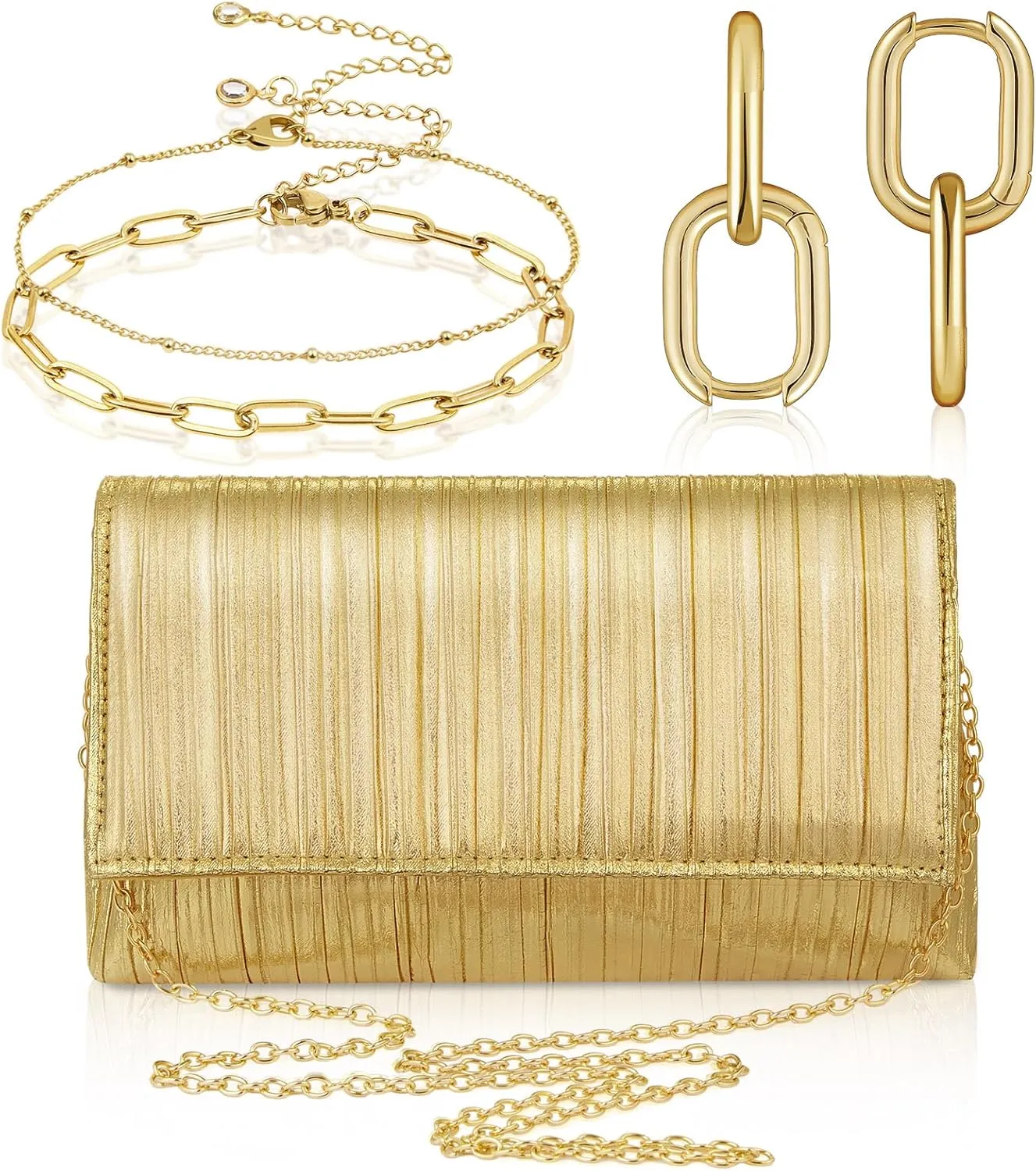 Quelay 3 Pcs Gold Clutch Purse Jewelry Set for Women Evening Prom Purses Pleated Flap Bag Formal Earrings Adjustable Layered Bracelet for Formal Prom Party Wedding Date