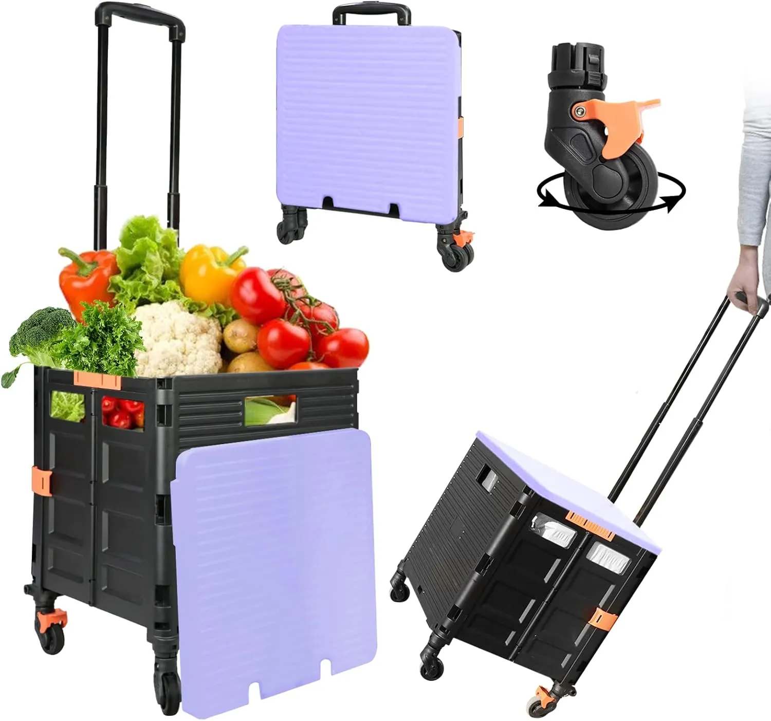 Quick Utility Cart Folding Portable Rolling Crate Handcart with Durable Heavy Duty Plastic Telescoping Handle Collapsible 4 Rotate Wheels for Travel Shopping Moving Luggage Office Use
