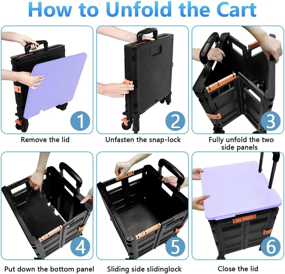 Quick Utility Cart Folding Portable Rolling Crate Handcart with Durable Heavy Duty Plastic Telescoping Handle Collapsible 4 Rotate Wheels for Travel Shopping Moving Luggage Office Use
