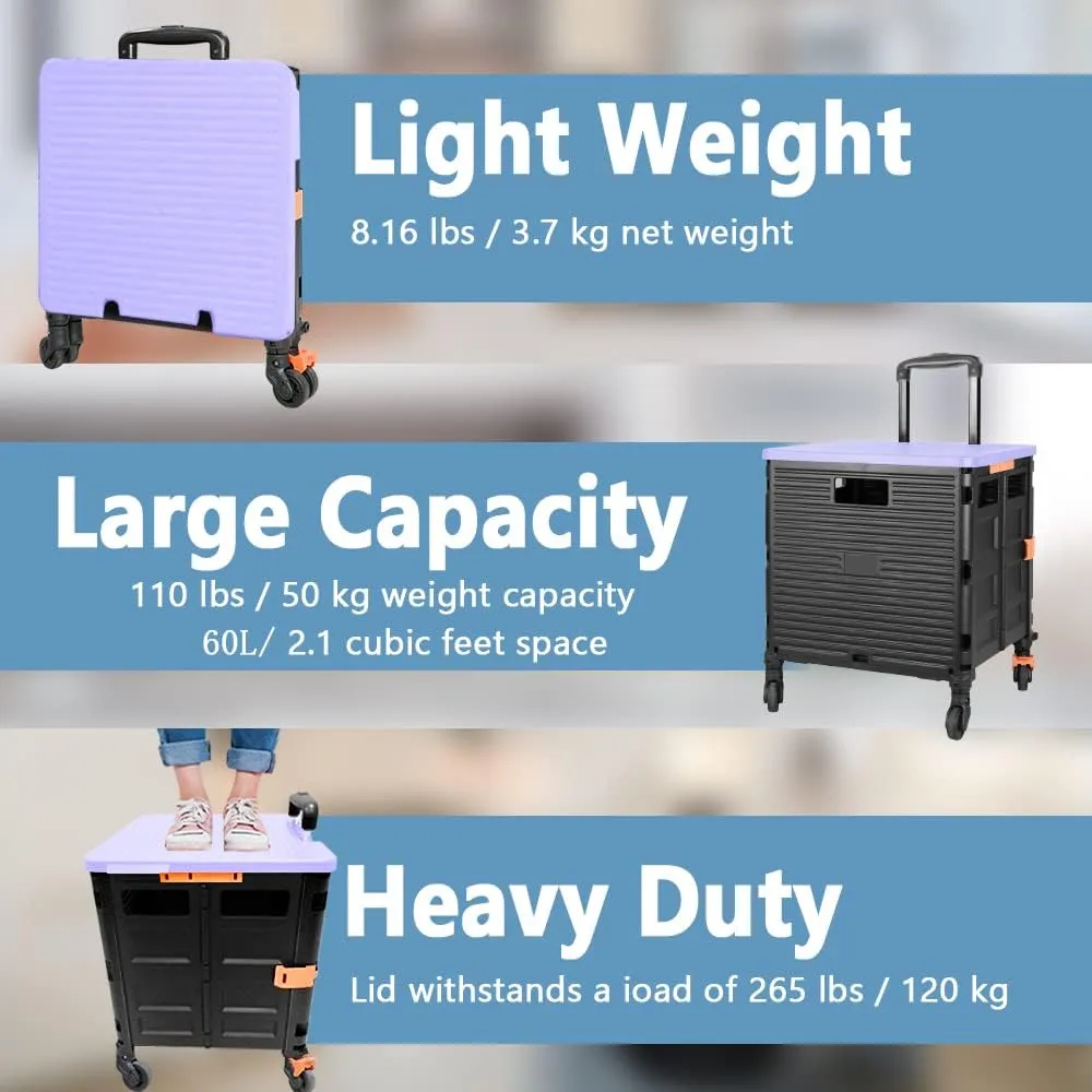 Quick Utility Cart Folding Portable Rolling Crate Handcart with Durable Heavy Duty Plastic Telescoping Handle Collapsible 4 Rotate Wheels for Travel Shopping Moving Luggage Office Use