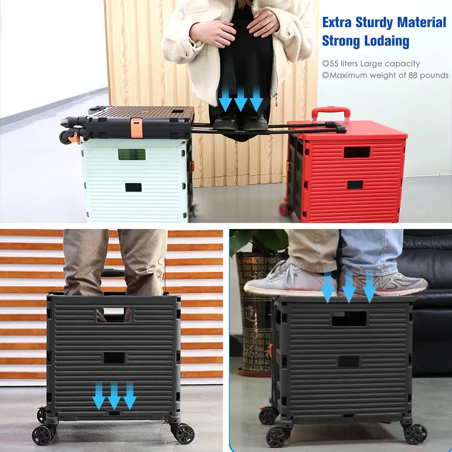Quick Utility Cart Folding Portable Rolling Crate Handcart with Durable Heavy Duty Plastic Telescoping Handle Collapsible 4 Rotate Wheels for Travel Shopping Moving Luggage Office Use