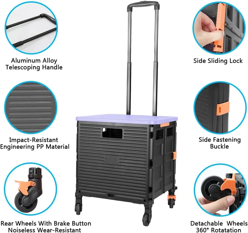 Quick Utility Cart Folding Portable Rolling Crate Handcart with Durable Heavy Duty Plastic Telescoping Handle Collapsible 4 Rotate Wheels for Travel Shopping Moving Luggage Office Use