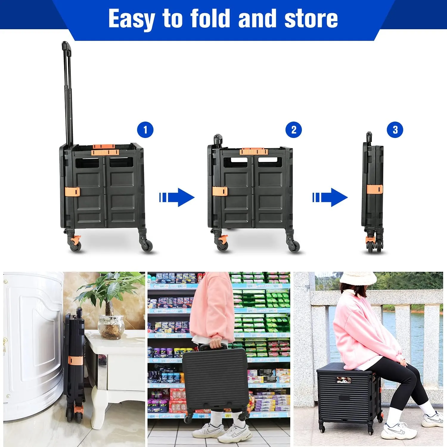 Quick Utility Cart Folding Portable Rolling Crate Handcart with Durable Heavy Duty Plastic Telescoping Handle Collapsible 4 Rotate Wheels for Travel Shopping Moving Luggage Office Use