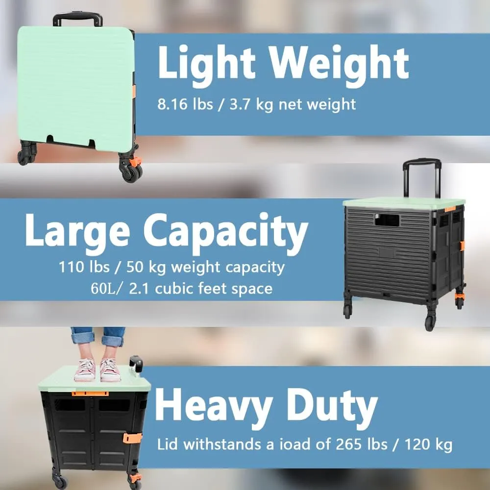 Quick Utility Cart Folding Portable Rolling Crate Handcart with Lid with Durable Heavy Duty Plastic Telescoping Handle Collapsible 4 Rotate Wheels for Travel Shopping Moving Luggage Office Use-Green