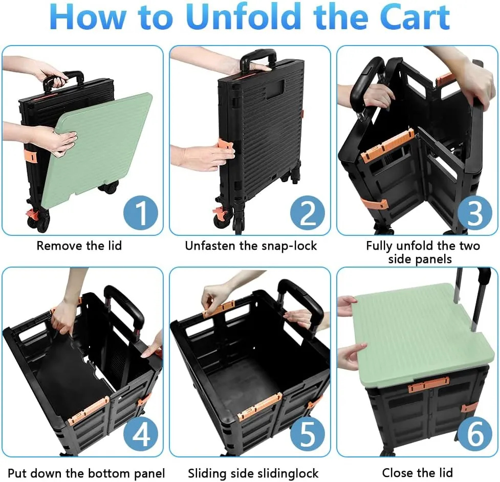 Quick Utility Cart Folding Portable Rolling Crate Handcart with Lid with Durable Heavy Duty Plastic Telescoping Handle Collapsible 4 Rotate Wheels for Travel Shopping Moving Luggage Office Use-Green