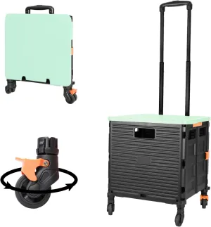 Quick Utility Cart Folding Portable Rolling Crate Handcart with Lid with Durable Heavy Duty Plastic Telescoping Handle Collapsible 4 Rotate Wheels for Travel Shopping Moving Luggage Office Use-Green