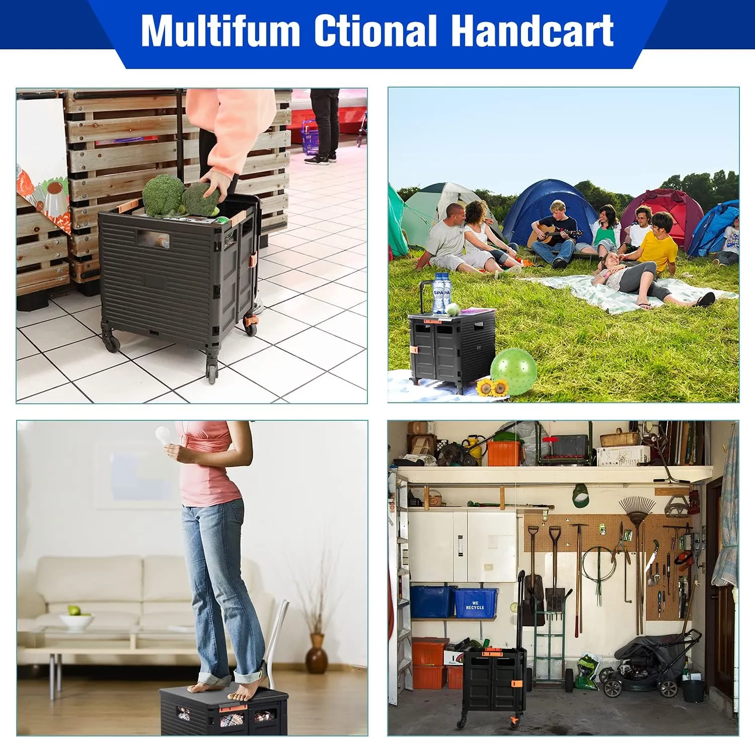 Quick Utility Cart Folding Portable Rolling Crate Handcart with Lid with Durable Heavy Duty Plastic Telescoping Handle Collapsible 4 Rotate Wheels for Travel Shopping Moving Luggage Office Use-Green
