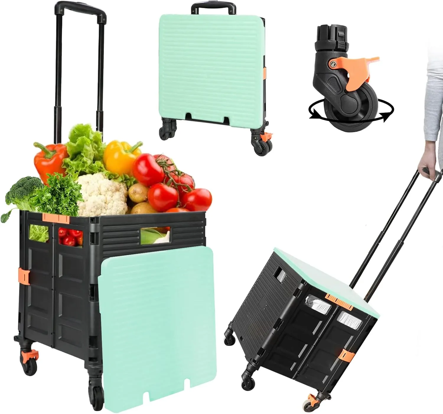 Quick Utility Cart Folding Portable Rolling Crate Handcart with Lid with Durable Heavy Duty Plastic Telescoping Handle Collapsible 4 Rotate Wheels for Travel Shopping Moving Luggage Office Use-Green