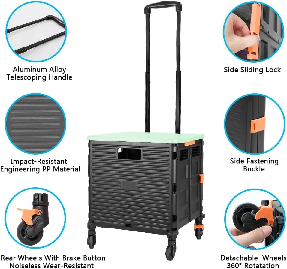 Quick Utility Cart Folding Portable Rolling Crate Handcart with Lid with Durable Heavy Duty Plastic Telescoping Handle Collapsible 4 Rotate Wheels for Travel Shopping Moving Luggage Office Use-Green