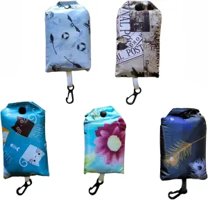 QUINNLYN & CO. 5-Pack Foldable, Clip-On Nylon Tote Bags with Pouch (14x14 in) – Stylish, Eco-Friendly, Portable Reusable Grocery Bags with Unique Designs for Shopping, Travel & More