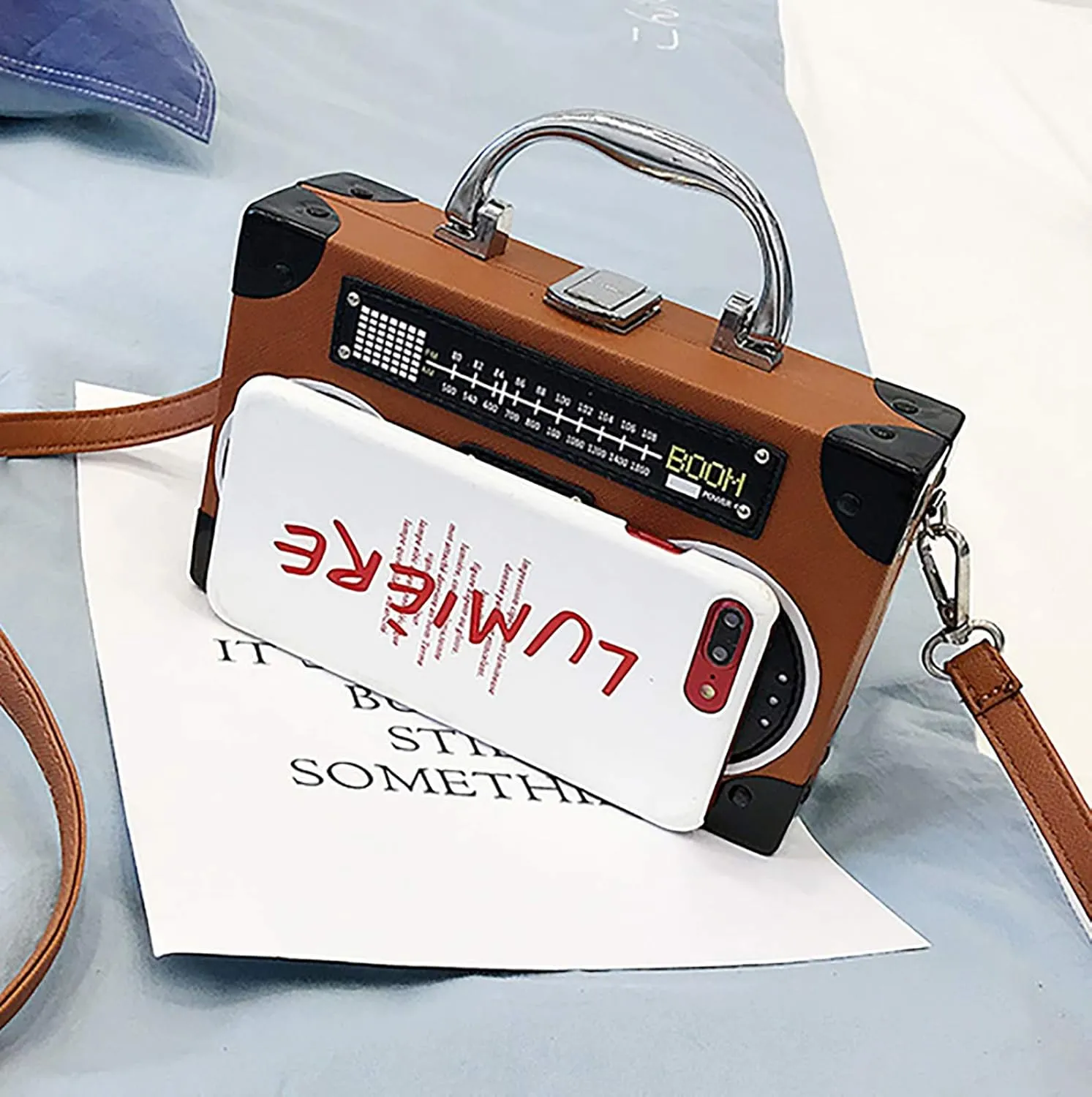 QZUnique Tape Shaped Shoulder Bag Radio Recorder PU Crossbody Bag Women's Retro Evening Bag Handbag Clutch Purse
