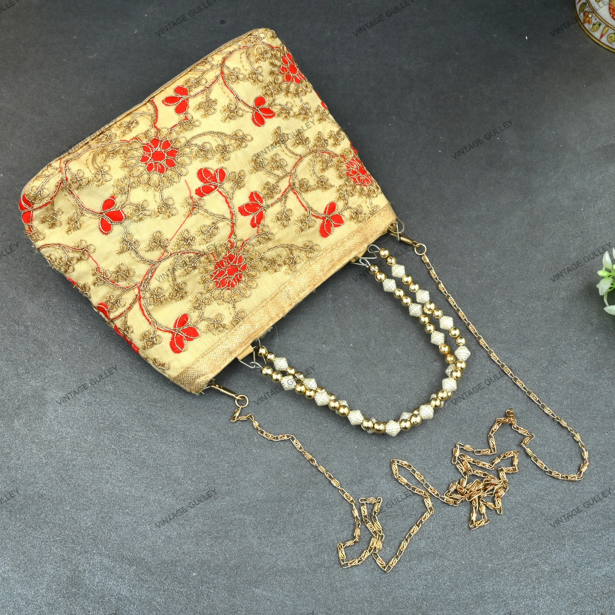 Rajasthani Embroidery Handbag For Women - Orange-Gold