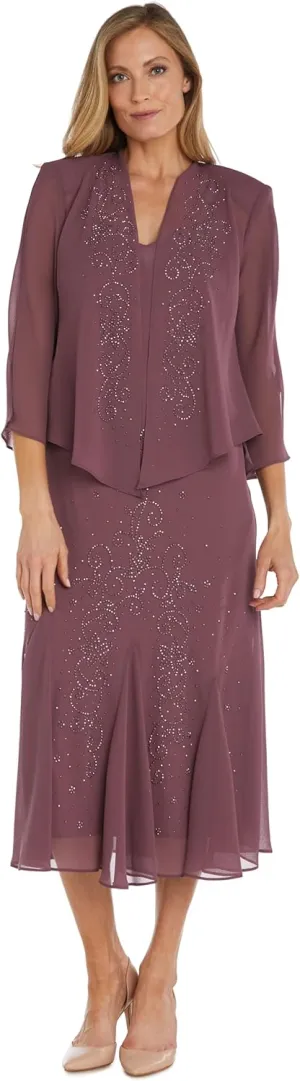 R&M Richards Womens Chiffon Beaded Dress with Jacket