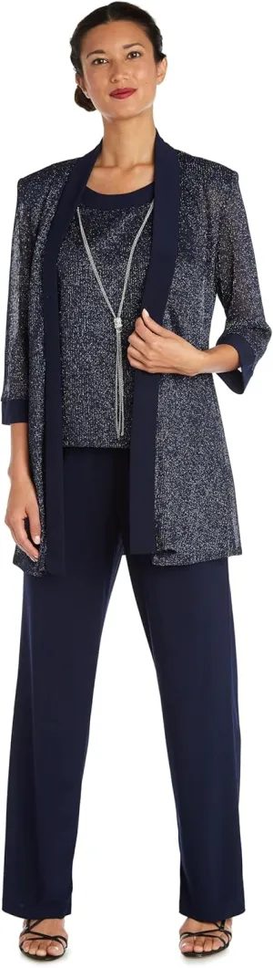 R&M Richards Women's Plus Size Two Piece Metalic Rib Pant Set Missy