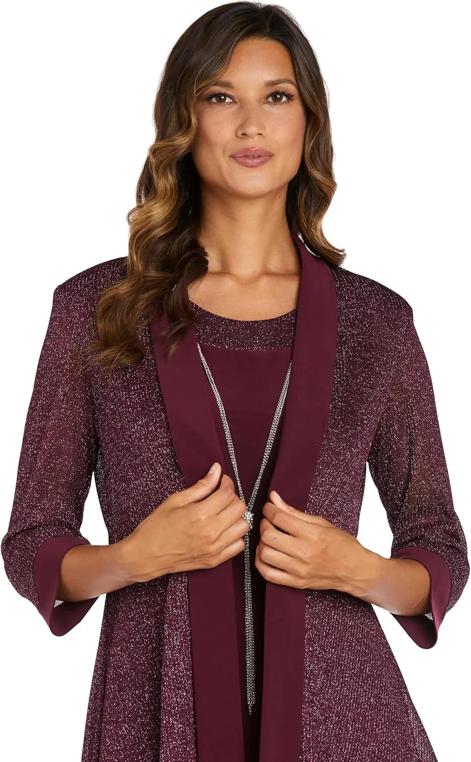 R&M Richards Women's Plus Size Two Piece Metalic Rib Pant Set Missy