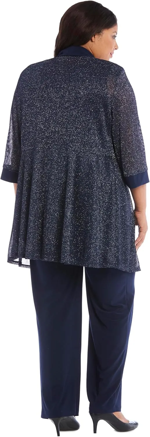 R&M Richards Women's Plus Size Two Piece Metalic Rib Pant Set Missy