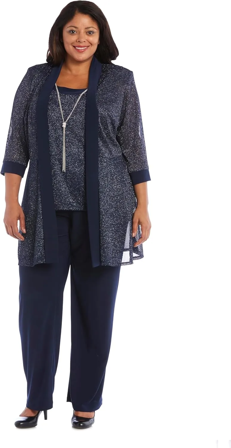 R&M Richards Women's Plus Size Two Piece Metalic Rib Pant Set Missy
