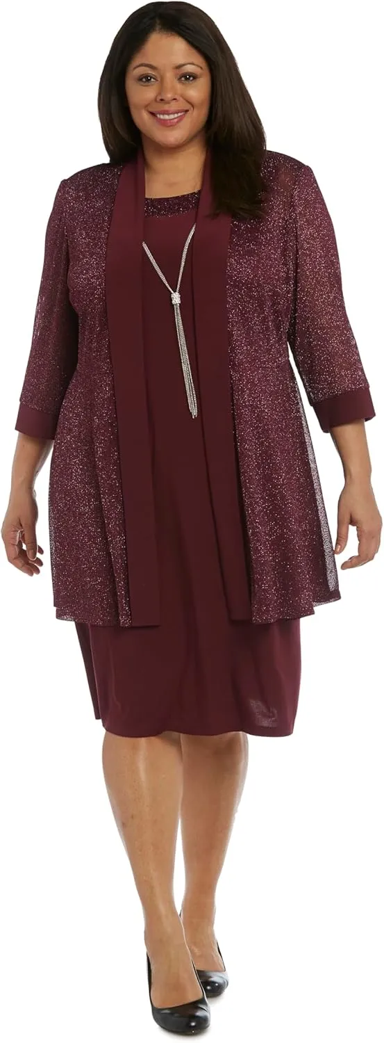 R&M Richards Women's Plus Size Two Piece Metalic Rib Pant Set Missy