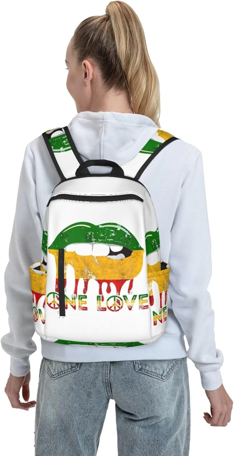 Rasta Reggae Lips Mouth Jamaican Music Kissing One Loves Casual Backpacks Laptop Backpack Outdoor Travel Rucksack Sport Carry-On Daypack Lightweight Bag with Multi-Pockets