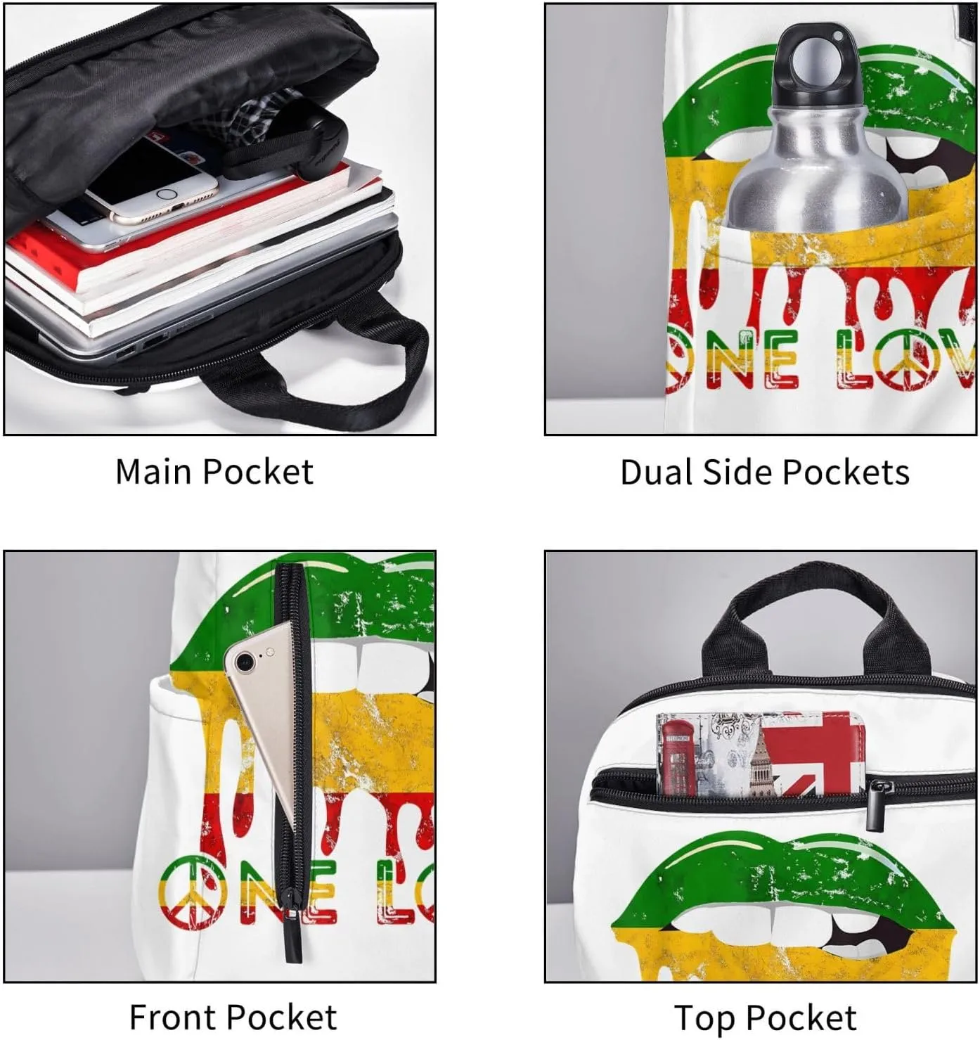 Rasta Reggae Lips Mouth Jamaican Music Kissing One Loves Casual Backpacks Laptop Backpack Outdoor Travel Rucksack Sport Carry-On Daypack Lightweight Bag with Multi-Pockets
