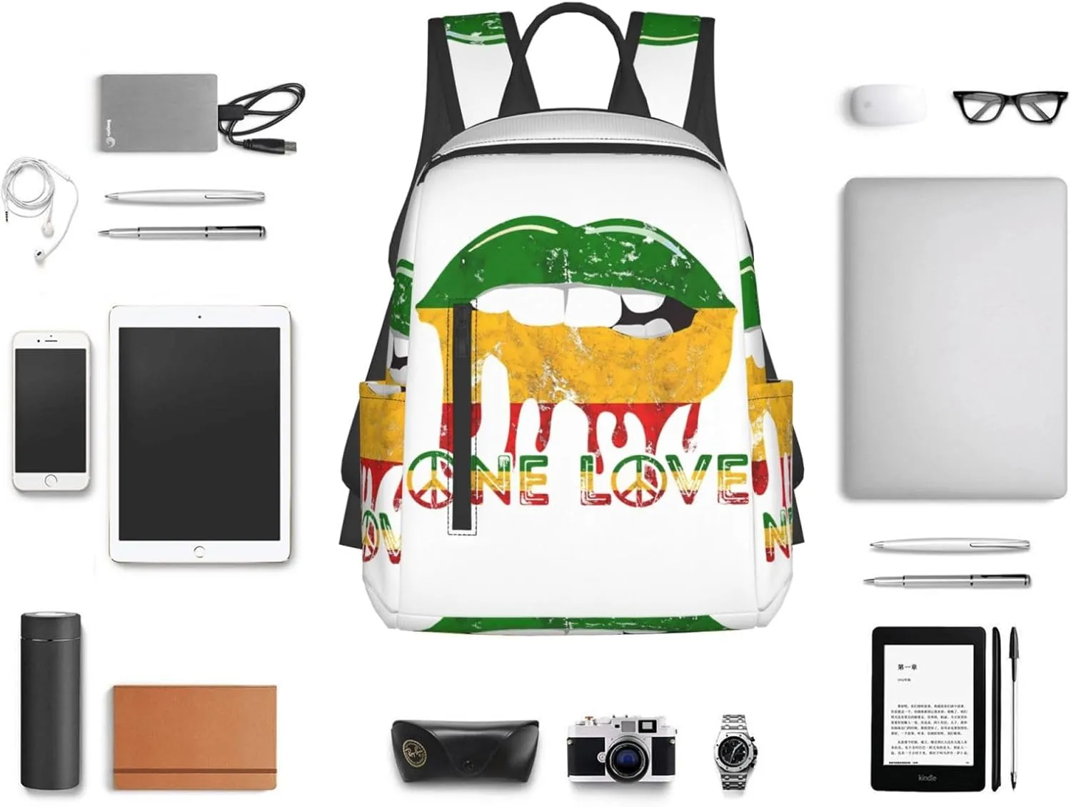 Rasta Reggae Lips Mouth Jamaican Music Kissing One Loves Casual Backpacks Laptop Backpack Outdoor Travel Rucksack Sport Carry-On Daypack Lightweight Bag with Multi-Pockets