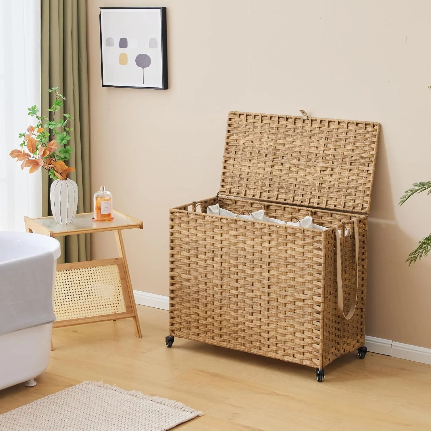 Rattan Laundry Hamper with Wheels, 52.8 Gallon(200L) Rolling Basket with Lid, 3-Section Sorter with Side Pocket, Natural
