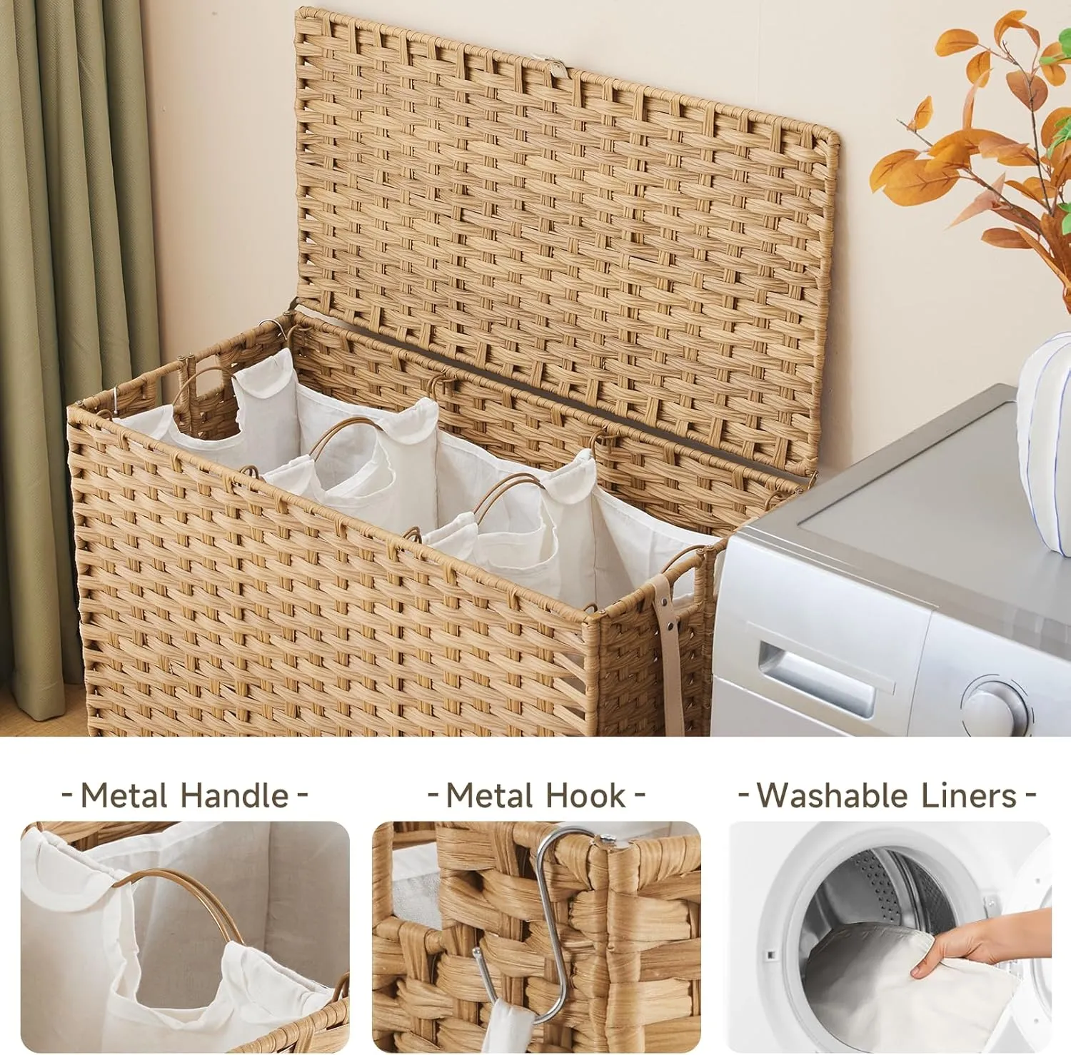 Rattan Laundry Hamper with Wheels, 52.8 Gallon(200L) Rolling Basket with Lid, 3-Section Sorter with Side Pocket, Natural