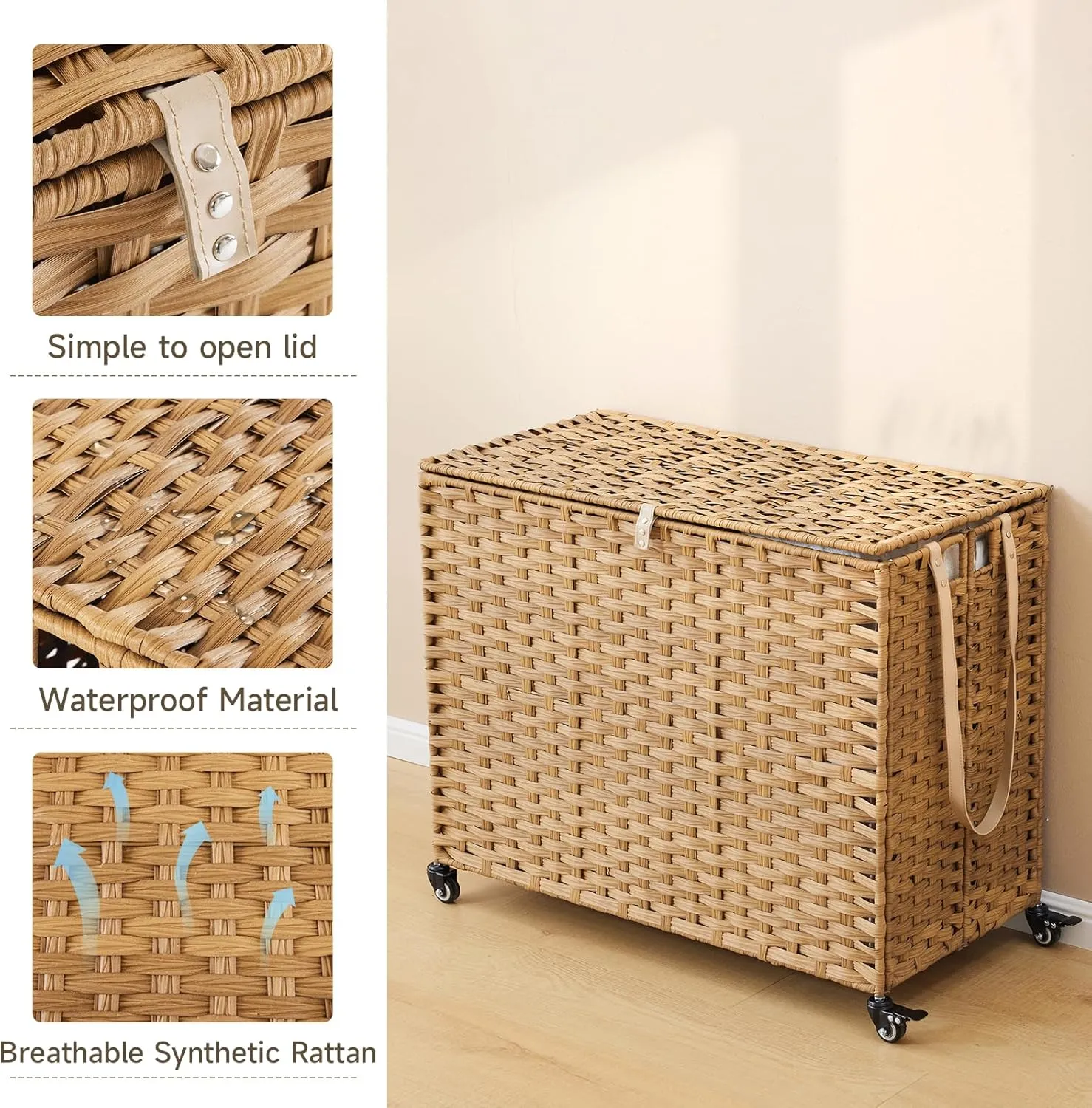 Rattan Laundry Hamper with Wheels, 52.8 Gallon(200L) Rolling Basket with Lid, 3-Section Sorter with Side Pocket, Natural