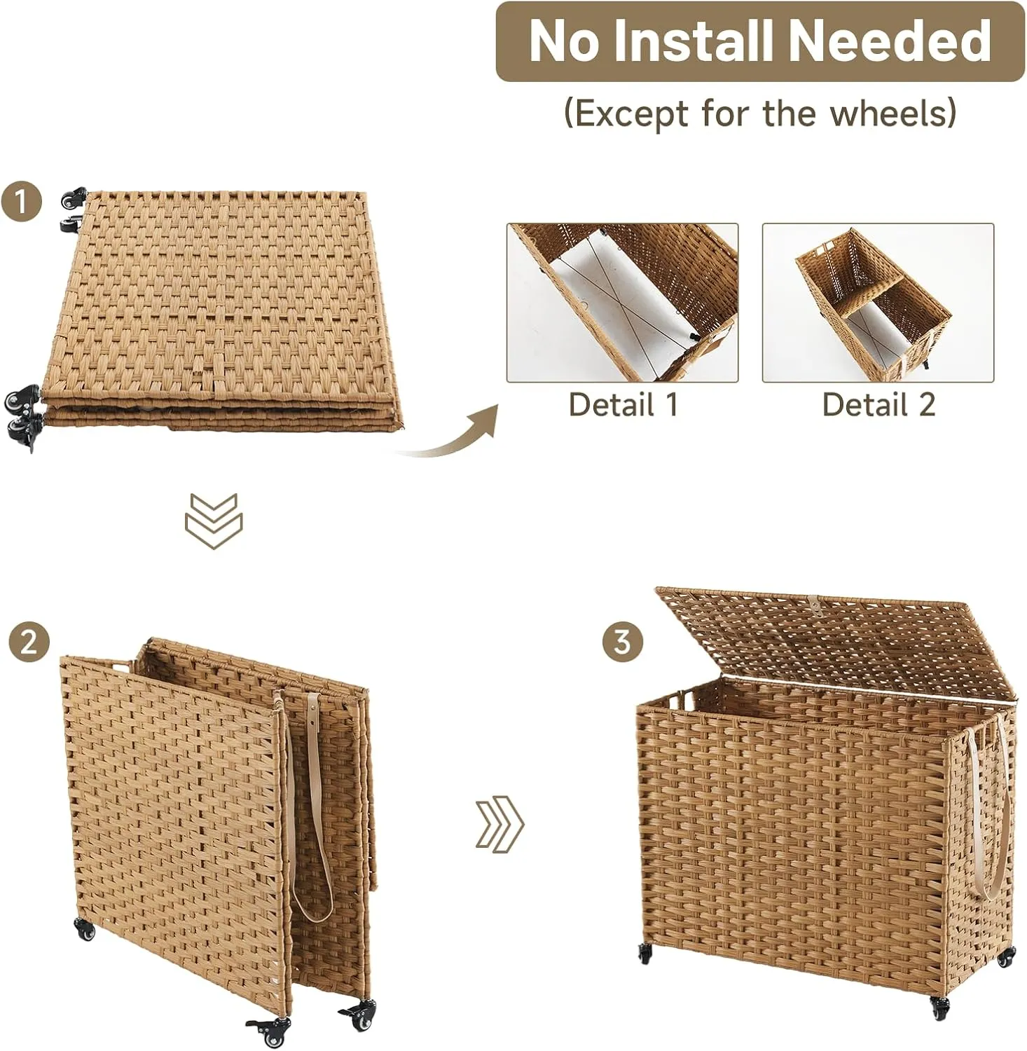 Rattan Laundry Hamper with Wheels, 52.8 Gallon(200L) Rolling Basket with Lid, 3-Section Sorter with Side Pocket, Natural