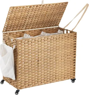 Rattan Laundry Hamper with Wheels, 52.8 Gallon(200L) Rolling Basket with Lid, 3-Section Sorter with Side Pocket, Natural