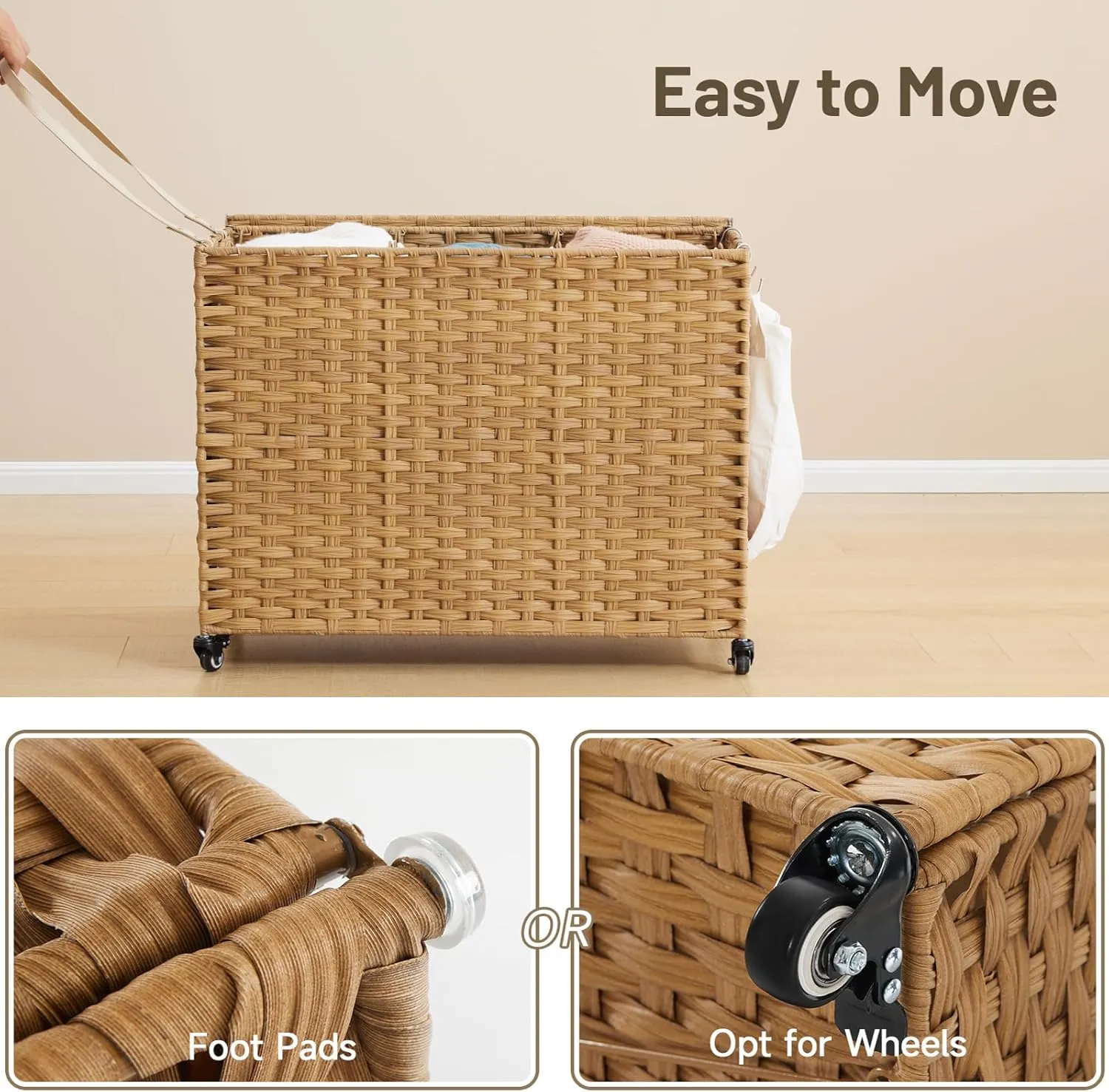 Rattan Laundry Hamper with Wheels, 52.8 Gallon(200L) Rolling Basket with Lid, 3-Section Sorter with Side Pocket, Natural