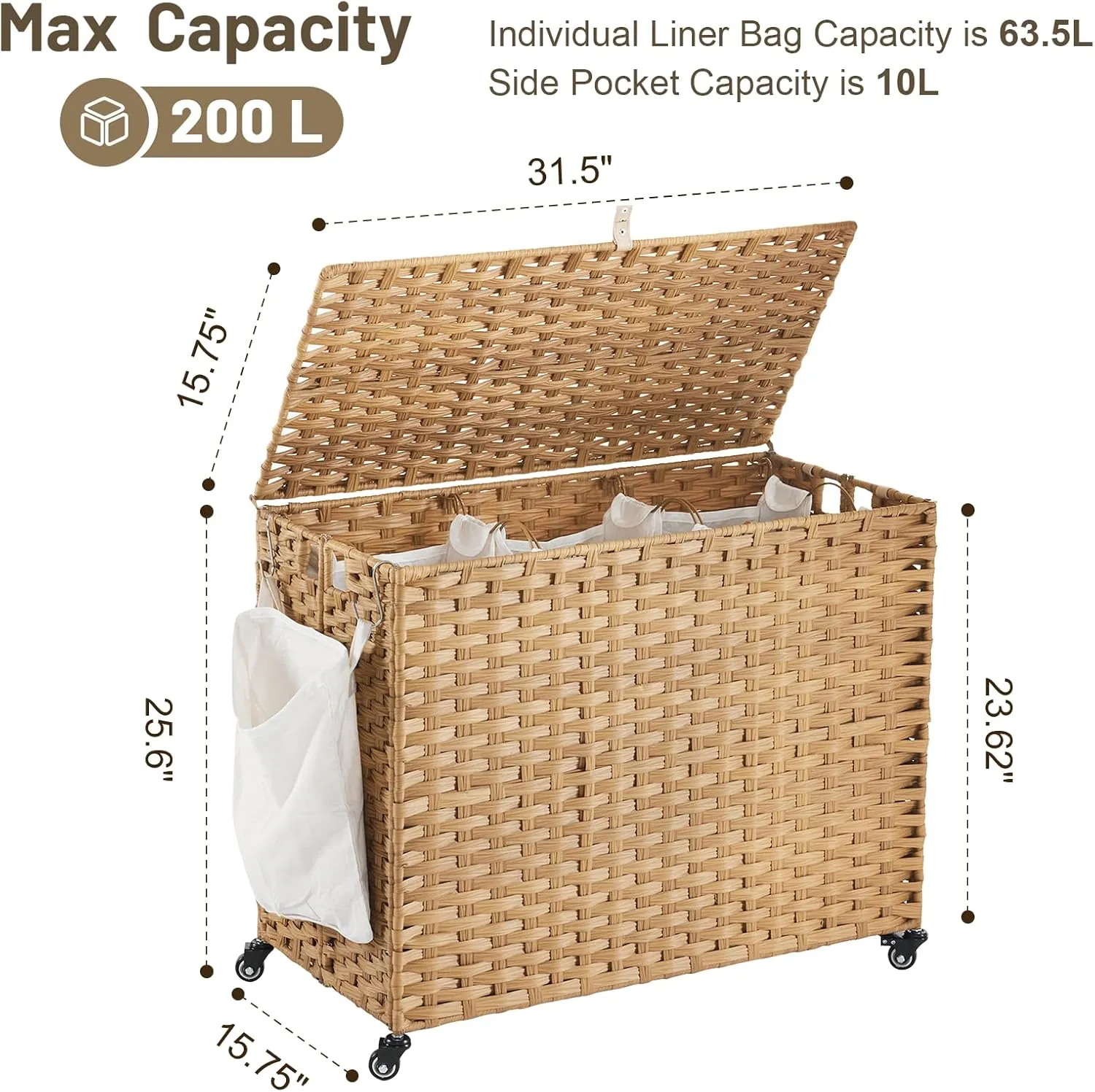 Rattan Laundry Hamper with Wheels, 52.8 Gallon(200L) Rolling Basket with Lid, 3-Section Sorter with Side Pocket, Natural