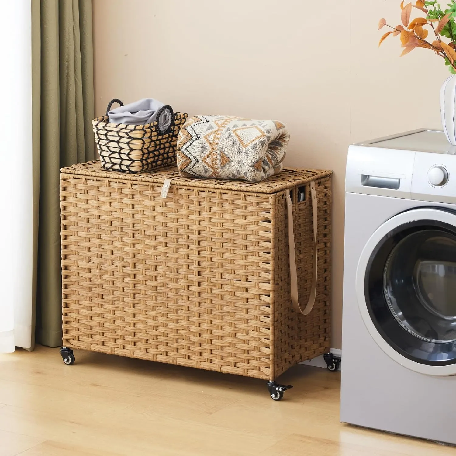 Rattan Laundry Hamper with Wheels, 52.8 Gallon(200L) Rolling Basket with Lid, 3-Section Sorter with Side Pocket, Natural
