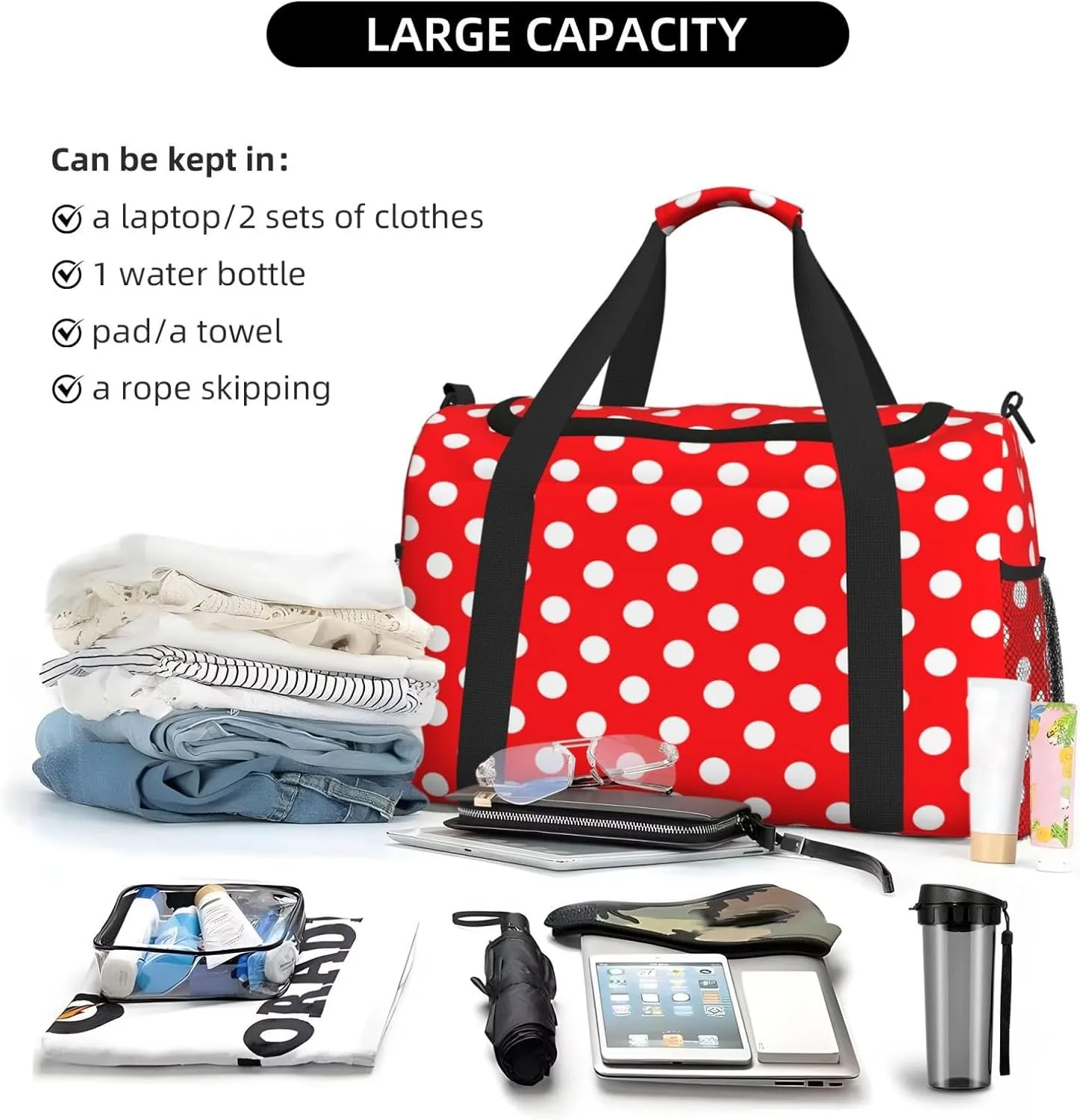 Red And White Polka Dot Travel Weekender Overnight Bags Foldable Hand Travel Bag Sport Gym Duffel Bag For Men Women
