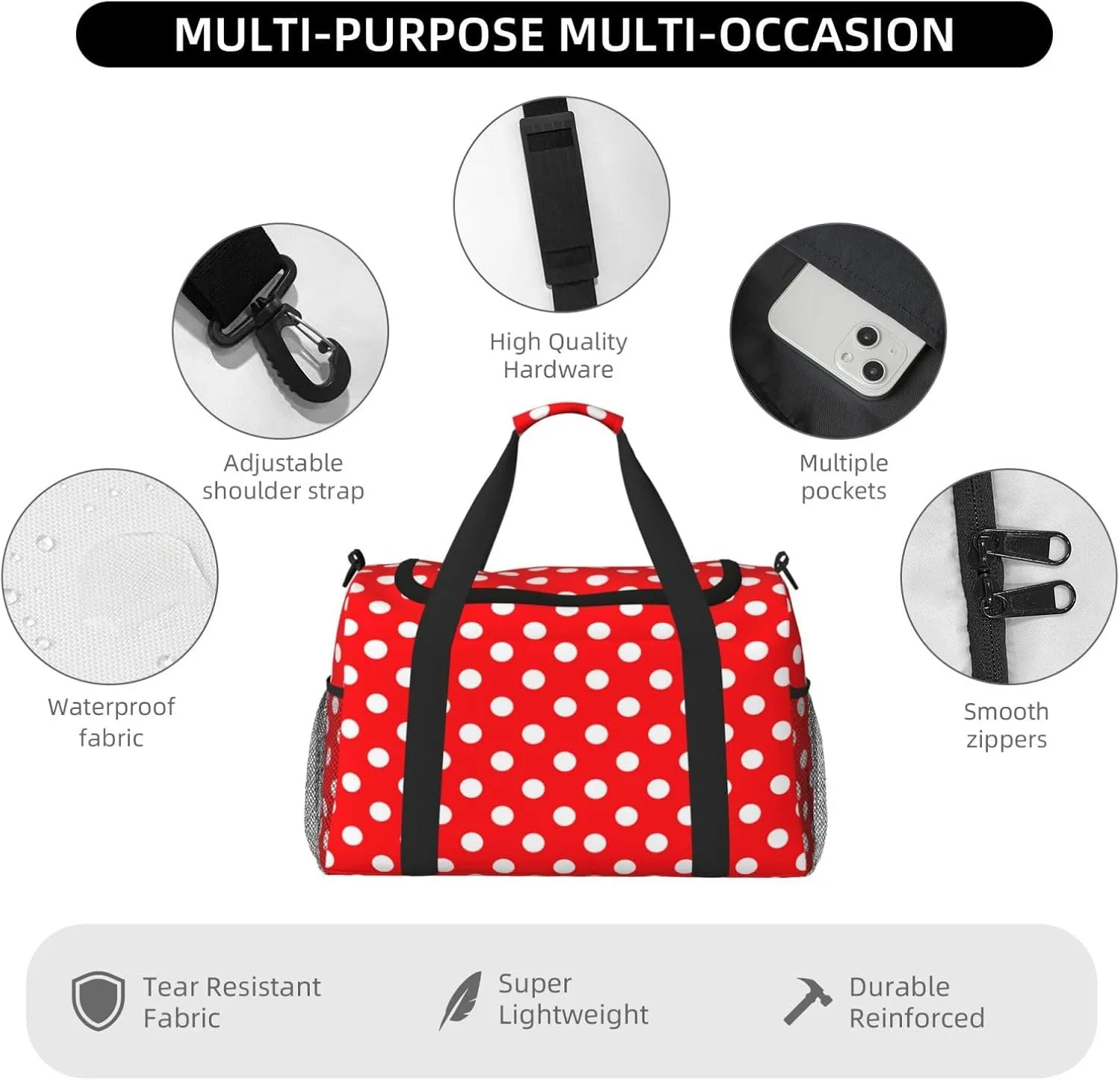 Red And White Polka Dot Travel Weekender Overnight Bags Foldable Hand Travel Bag Sport Gym Duffel Bag For Men Women
