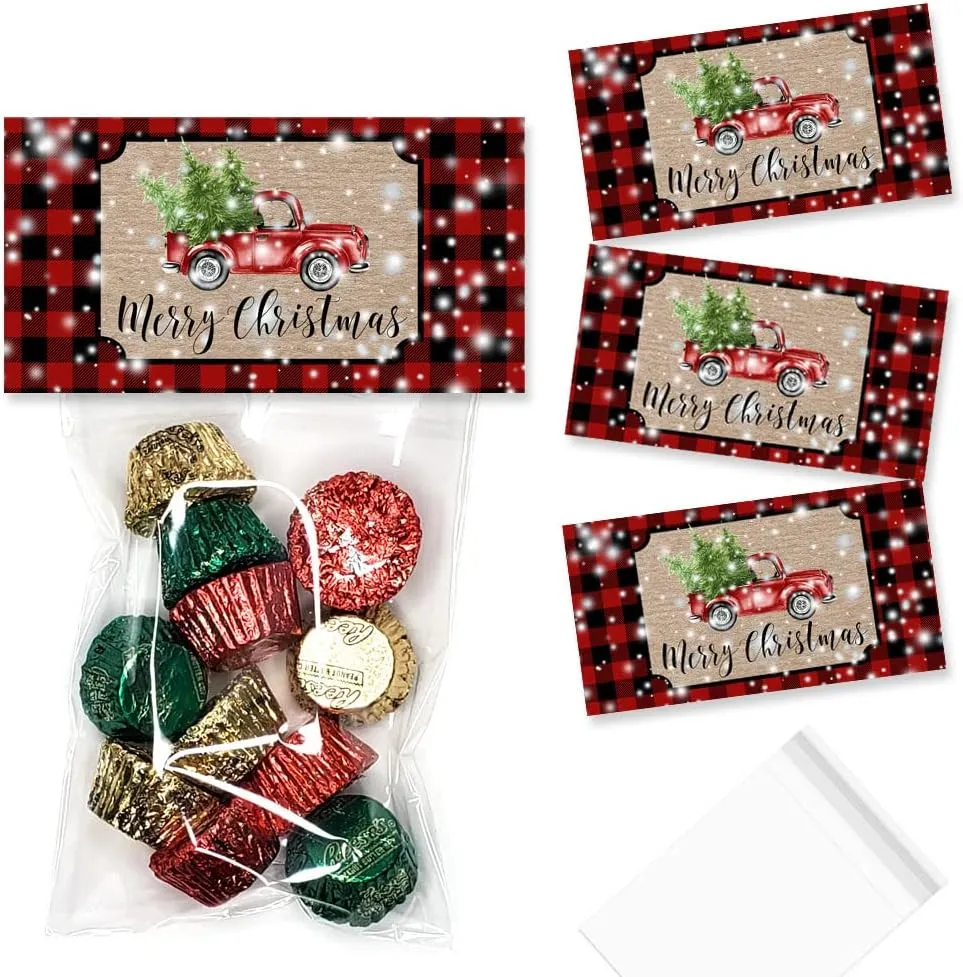 Red Buffalo Plaid with Kraft Red Christmas Truck Treat Bag Toppers for Party Favor Treat Bags, Set of 20 Bag Toppers With 20 Self-Adhesive Bags Also Included! by AmandaCreation