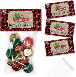 Red Buffalo Plaid with Kraft Red Christmas Truck Treat Bag Toppers for Party Favor Treat Bags, Set of 20 Bag Toppers With 20 Self-Adhesive Bags Also Included! by AmandaCreation