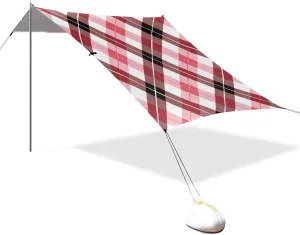 Red White Buffalo Plaid Designed UPF50  Protection Foldable Beach Canopy Lightweight Portable Sunshade with Sandbags & Sand Shovel for Backyard and Camping Sombra para Playa