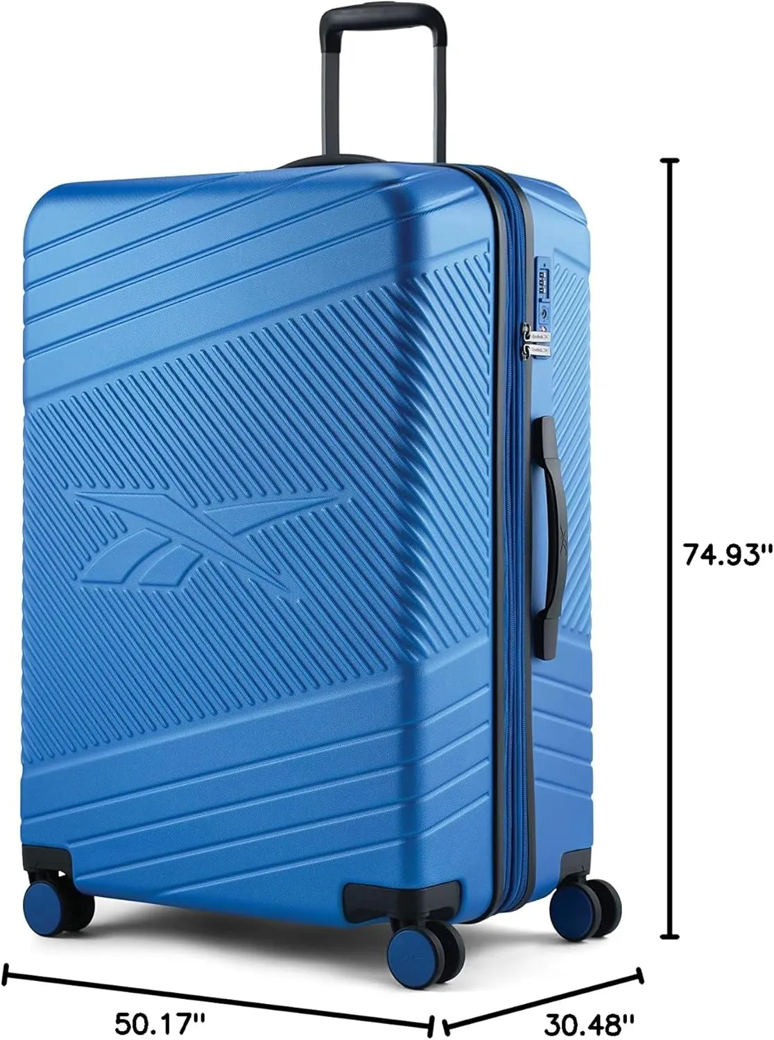Reebok Go Collection 28 Inch Hard Shell Luggage for Airplanes, Large ABS/PC Hardside Expandable Suitcase with 360-Degree Spinner Wheels, Retractable Handle, Includes Shoe Bag, Blue