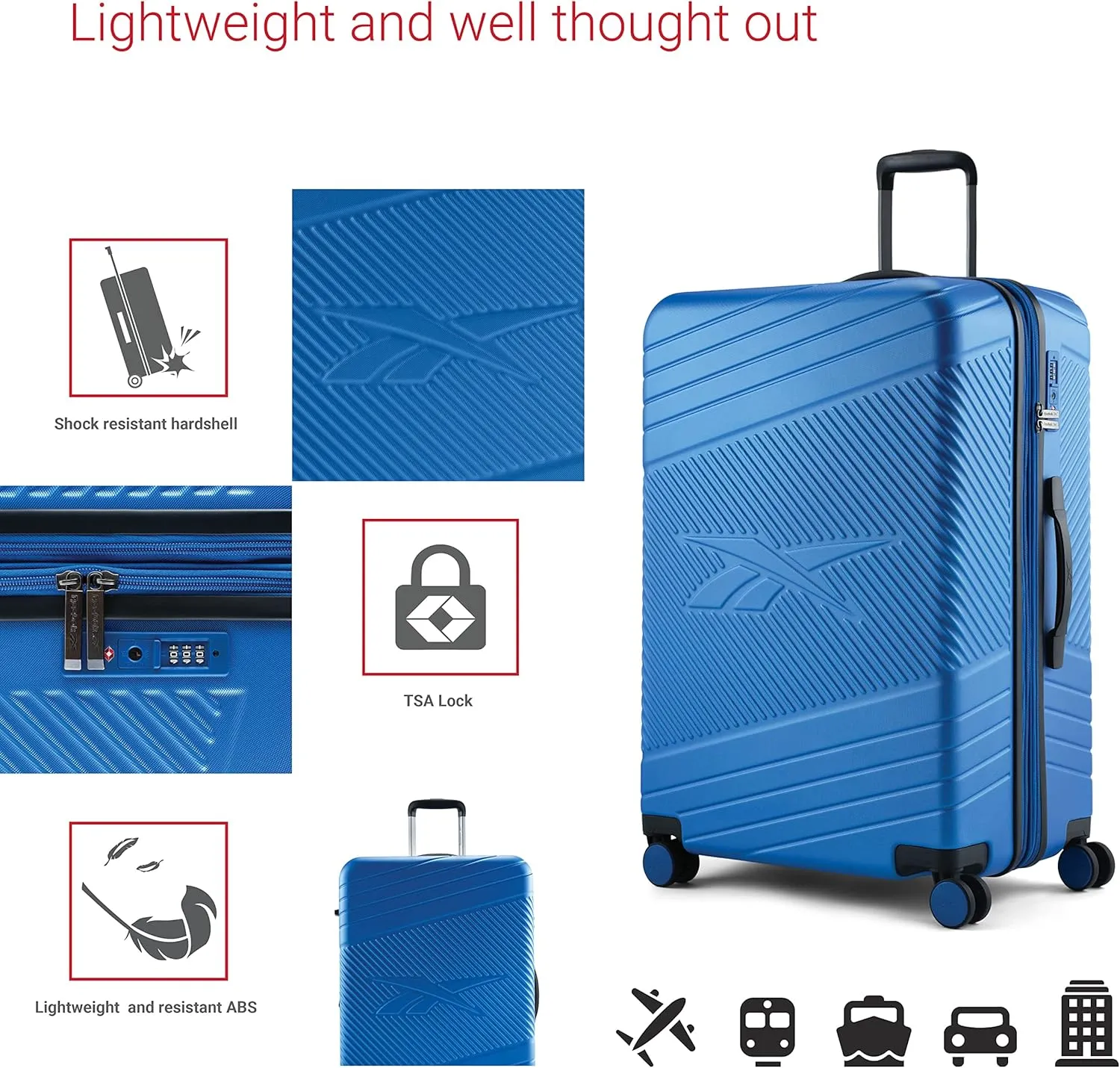 Reebok Go Collection 28 Inch Hard Shell Luggage for Airplanes, Large ABS/PC Hardside Expandable Suitcase with 360-Degree Spinner Wheels, Retractable Handle, Includes Shoe Bag, Blue