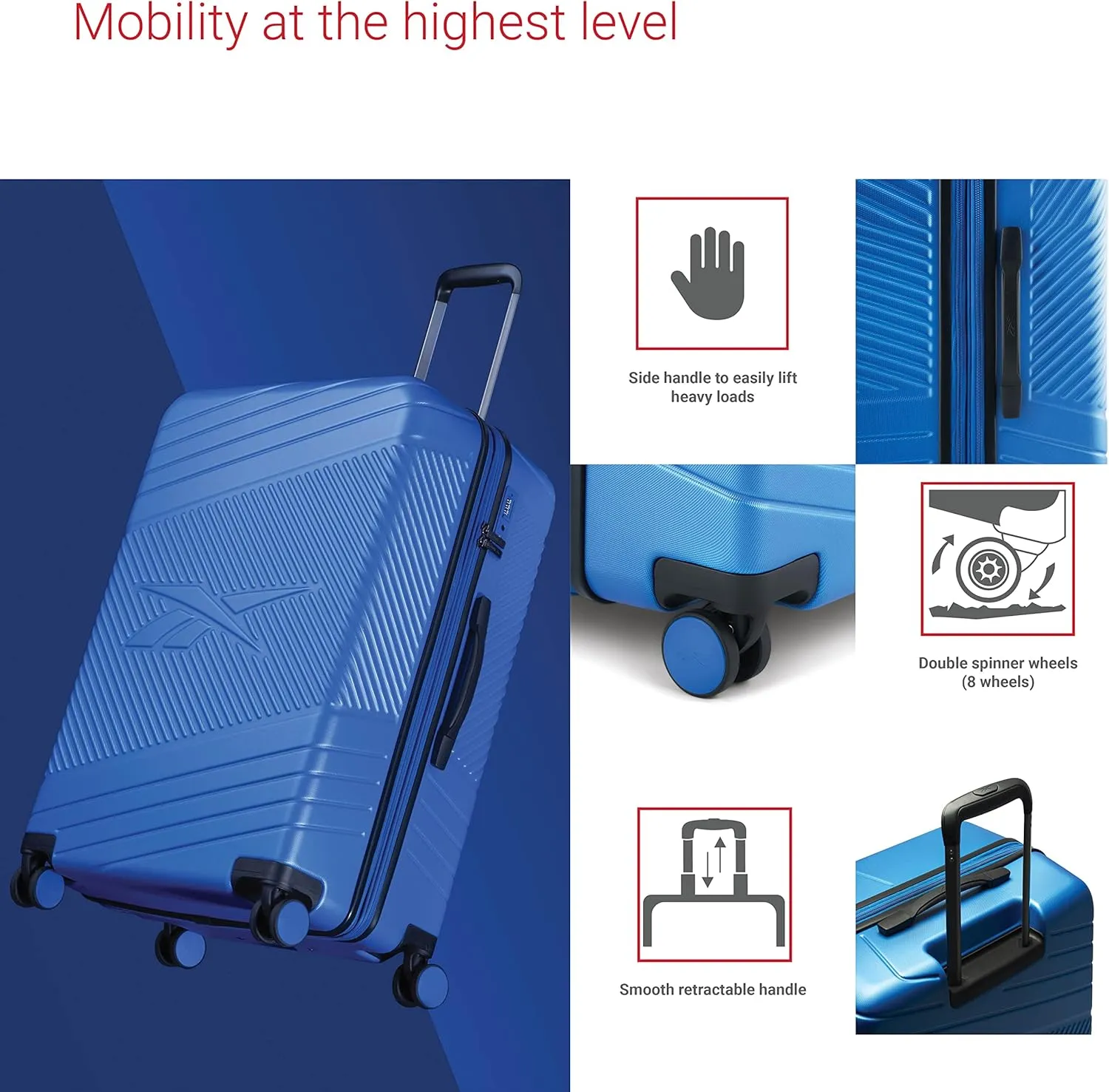 Reebok Go Collection 28 Inch Hard Shell Luggage for Airplanes, Large ABS/PC Hardside Expandable Suitcase with 360-Degree Spinner Wheels, Retractable Handle, Includes Shoe Bag, Blue