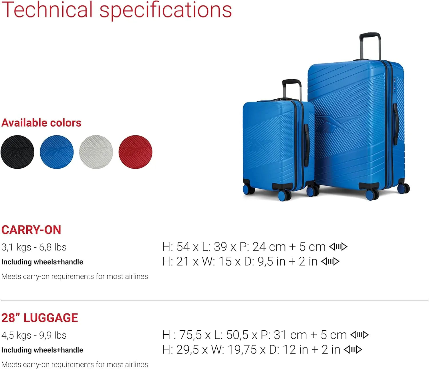 Reebok Go Collection 28 Inch Hard Shell Luggage for Airplanes, Large ABS/PC Hardside Expandable Suitcase with 360-Degree Spinner Wheels, Retractable Handle, Includes Shoe Bag, Blue