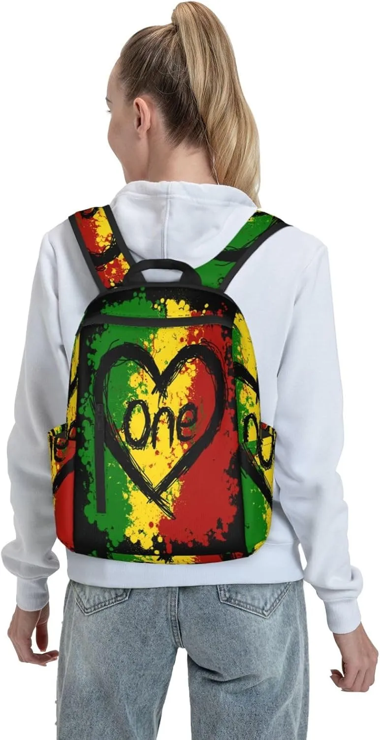 Reggae Heart One Loves Rasta Music Jamaica Casual Backpacks Laptop Backpack Outdoor Travel Rucksack Sport Carry-On Daypack Lightweight Bag with Multi-Pockets