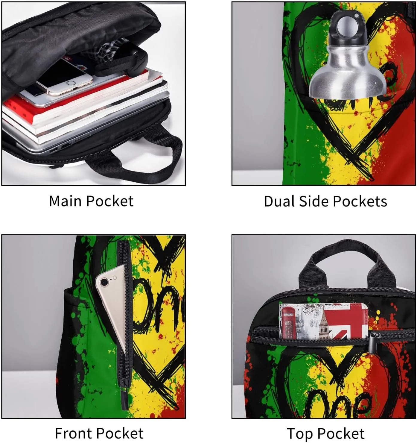 Reggae Heart One Loves Rasta Music Jamaica Casual Backpacks Laptop Backpack Outdoor Travel Rucksack Sport Carry-On Daypack Lightweight Bag with Multi-Pockets