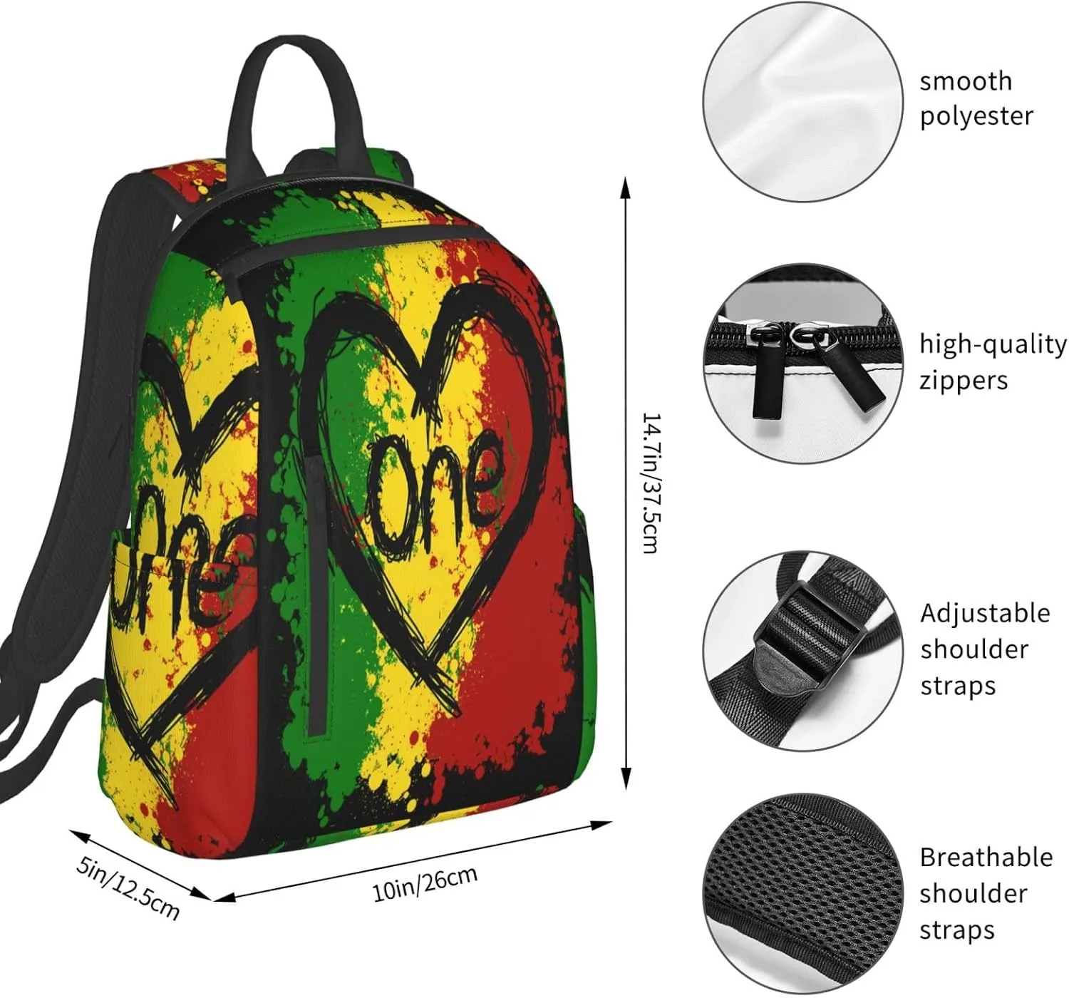 Reggae Heart One Loves Rasta Music Jamaica Casual Backpacks Laptop Backpack Outdoor Travel Rucksack Sport Carry-On Daypack Lightweight Bag with Multi-Pockets
