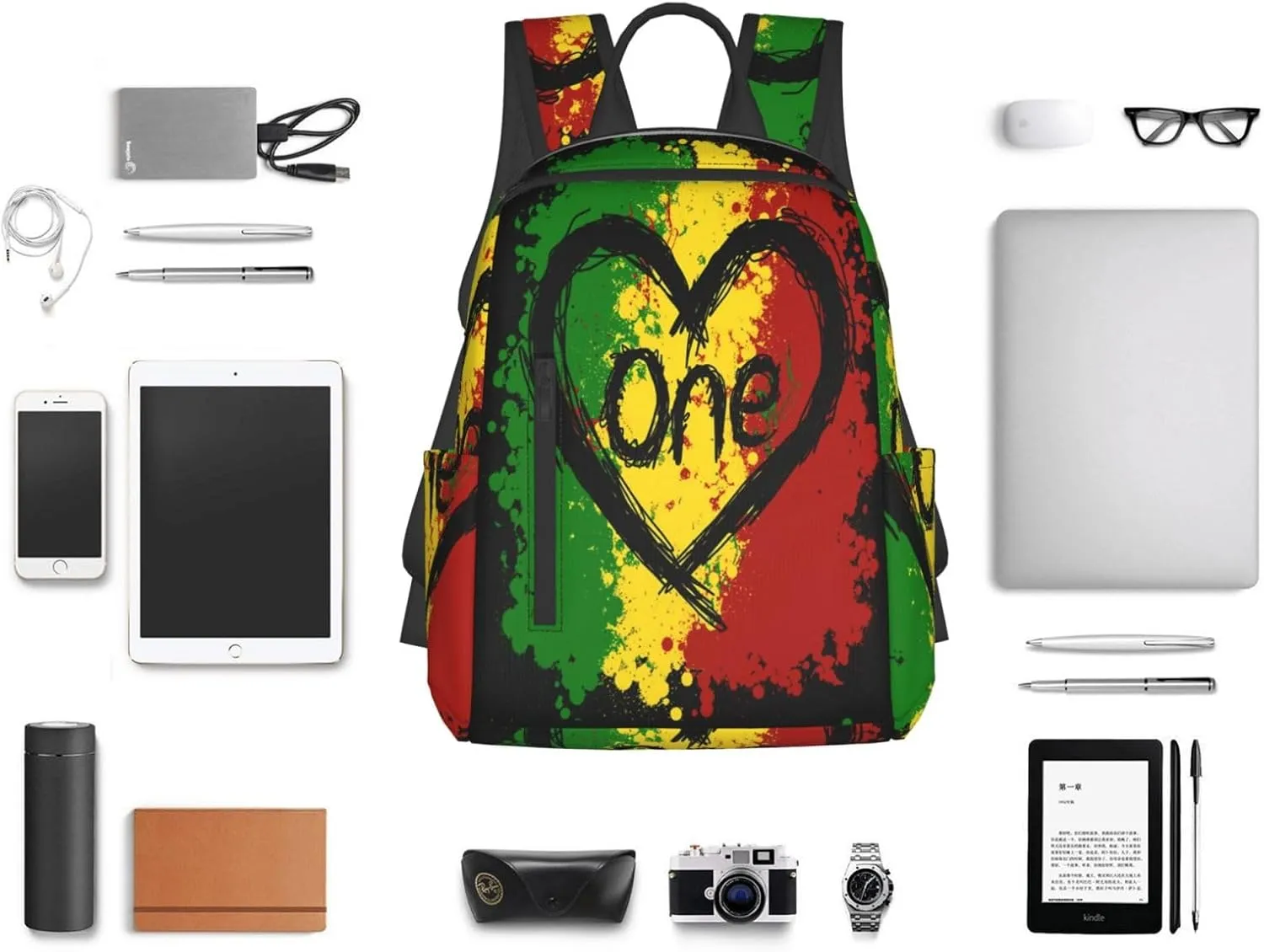 Reggae Heart One Loves Rasta Music Jamaica Casual Backpacks Laptop Backpack Outdoor Travel Rucksack Sport Carry-On Daypack Lightweight Bag with Multi-Pockets