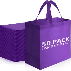 Reginary 50 Pieces Reusable Totes Bag Bulk Shopping Bags Non Woven Grocery handbag with Handles Foldable for Boutiques(Purple)