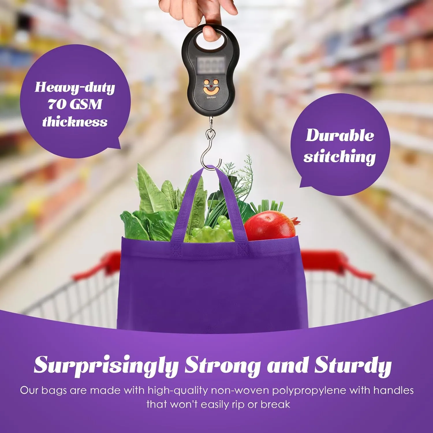 Reginary 50 Pieces Reusable Totes Bag Bulk Shopping Bags Non Woven Grocery handbag with Handles Foldable for Boutiques(Purple)