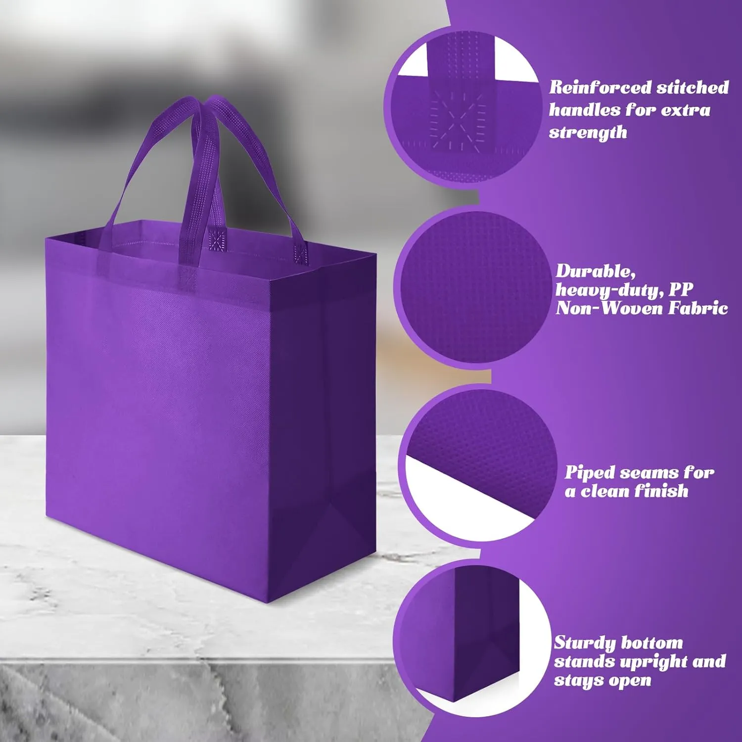 Reginary 50 Pieces Reusable Totes Bag Bulk Shopping Bags Non Woven Grocery handbag with Handles Foldable for Boutiques(Purple)
